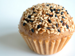 Cereal, banana cake, on a white background.