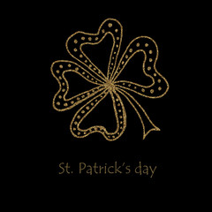 Happy saint Patrick s day. Gold Shamrock clover with glitter on black background.