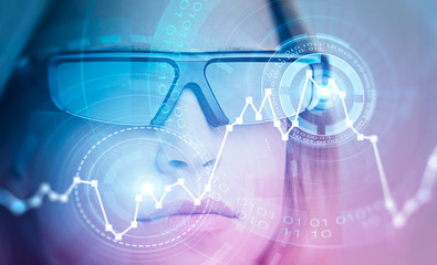 Woman in augmented reality glasses, graph and hud