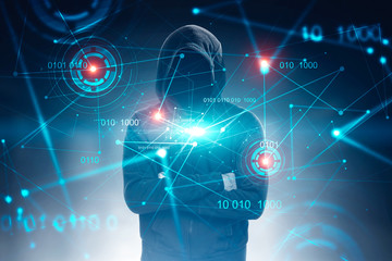 Unrecognizable hacker, binary code and hud