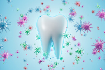 Healthy tooth and blue bacteria background