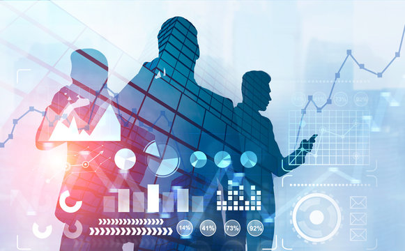 People on phones in city, infographics