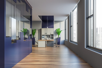 Blue and gray open space office interior