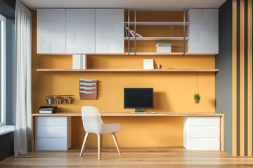 Yellow and gray home office interior