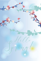 Series of greeting backgrounds with summer and spring flowers. Floral decorations with blossom trees. Vector illustration. 