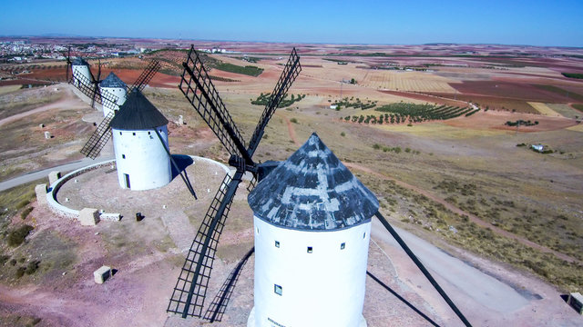 Windmills in La Mancha. Alcazar de San Juan (Ciudad Real, Spain) - Drone Photo 