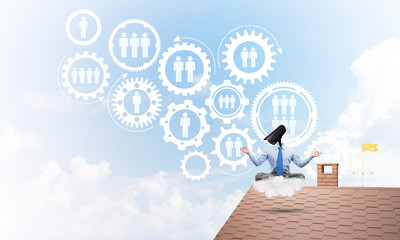 Concept of security and privacy protection with camera headed man meditating