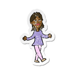 retro distressed sticker of a cartoon woman with no worries