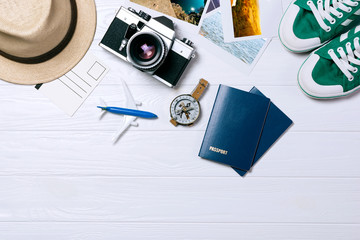 Traveler's accessories, Overhead view of essential vacation items, Travel concept background