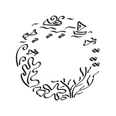 Round frame with marine fish and plants . Doodle background for your text .