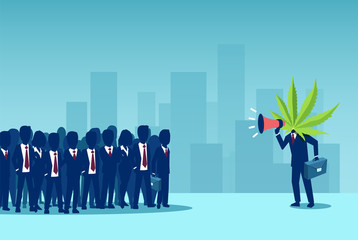 Vector of a businessman with cannabis leaf instead of head screaming in a megaphone to a crowd of people