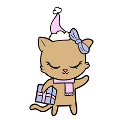 cute line drawing of a cat with present wearing santa hat
