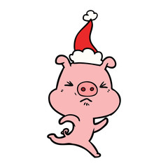 line drawing of a annoyed pig running wearing santa hat