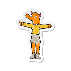 retro distressed sticker of a cartoon pointing fox woman
