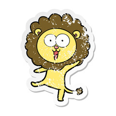 distressed sticker of a happy cartoon lion