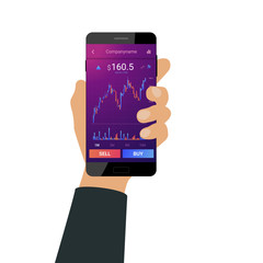 Hand holds smartphone with trading mobile interface on screen. Using smartphone for trading. Flat design. Vector illustration