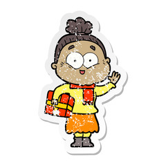 distressed sticker of a cartoon happy old woman