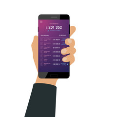 Hand holds smartphone with trading mobile interface on screen. Using smartphone for trading. Flat design. Vector illustration