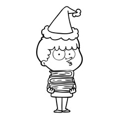 line drawing of a curious boy with lots of books wearing santa hat