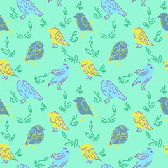 Seamless colors background with funny little birds. Vector illustration