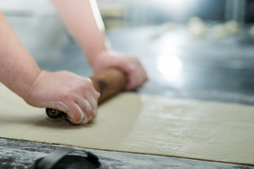 Fototapeta na wymiar baker's female hands rolling dough