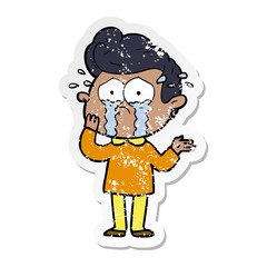 distressed sticker of a cartoon worried crying man