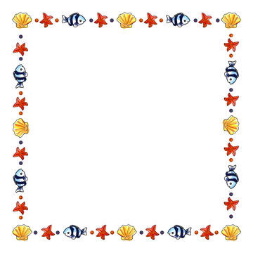 Decorative frame square of red sea stars, blue fish, yellow shells, pearls on a white background.