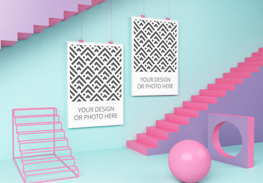 Two Vertical Posters in a Geometric Scene Mockup