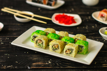 sushi rolls Fresh and delicious (portion of sushi) - Sushi menu. Japanese food. food background