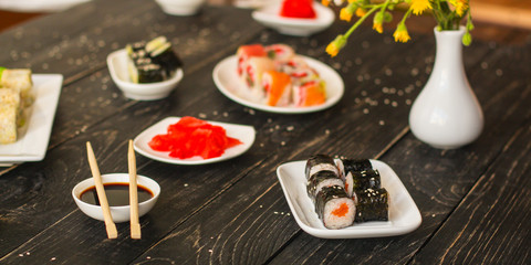 sushi rolls Fresh and delicious (portion of sushi) - Sushi menu. Japanese food. food background