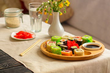 sushi rolls Fresh and delicious (portion of sushi) - Sushi menu. Japanese food. food background