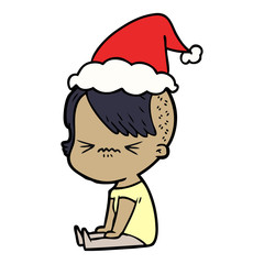 line drawing of a annoyed hipster girl wearing santa hat