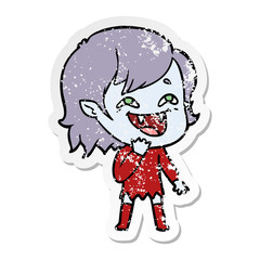 distressed sticker of a cartoon laughing vampire girl