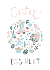 Funny Happy Easter eggs hunt greeting card cartoon style design.