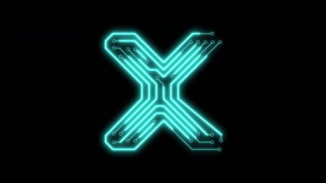 Animated blue neon glowing alphabet letter X as circuit board style