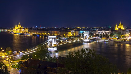 Budapest cityscape with St. Stephen's Basilica, Chain bridge and Hungarian parliament at night, Hungary