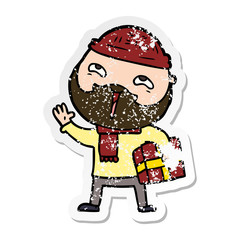 distressed sticker of a cartoon happy bearded man