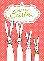 Happy Easter greetings card with hand drawn rabbit family and coral pink dotted background - 253842577
