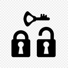 Lock monochrome simple, open and closed with key, icon. Elements on an isolated transparent background.