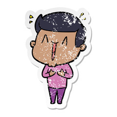 distressed sticker of a cartoon happy man