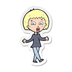 sticker of a cartoon woman shrugging shoulders