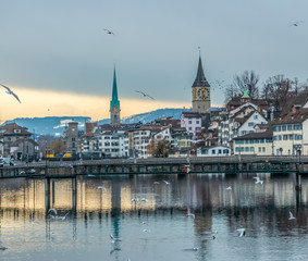 Obraz premium Zurich, a leading global city and among the world's largest financial centres despite having a relatively small population and while keeping a quaint, idyllic village-like atmosphere. Switzerland.