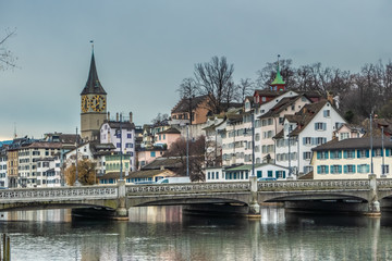 Fototapeta na wymiar Zurich, a leading global city and among the world's largest financial centres despite having a relatively small population and while keeping a quaint, idyllic village-like atmosphere. Switzerland.
