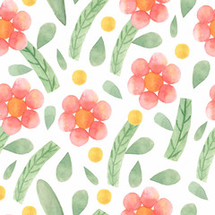 Watercolor cute ornate flowers seamless pattern.  Colorful flowers, petals and natural elements. Hand painted floral illustration in pink,orange,yellow and green colors.