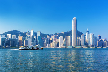 Fototapeta na wymiar Amazing Hong Kong city skyline and Victoria peak behind , China