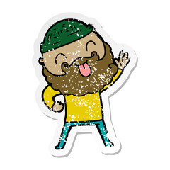 distressed sticker of a man with beard sticking out tongue