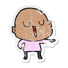 distressed sticker of a happy cartoon bald man