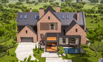 3d rendering of modern cozy clinker house on the ponds with garage and pool for sale or rent with beautiful landscaping on background. Clear sunny summer day with blue sky.