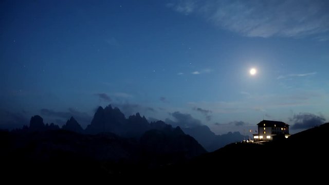 Alpine hut of Auronzo in moonlight