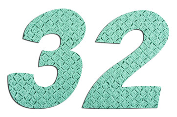 Number 32  with hand knitted texture on white background